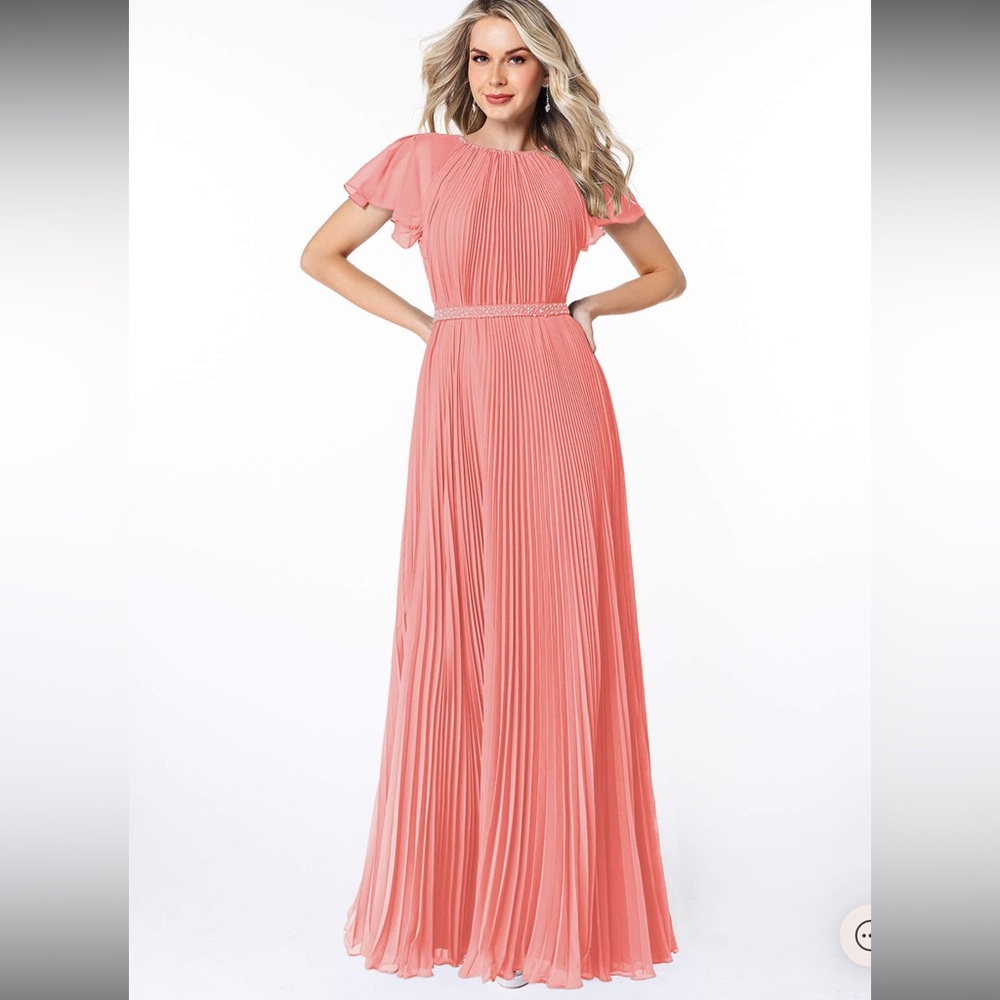 Size 14 coral Azazie modest chiffon bridesmaid Dress